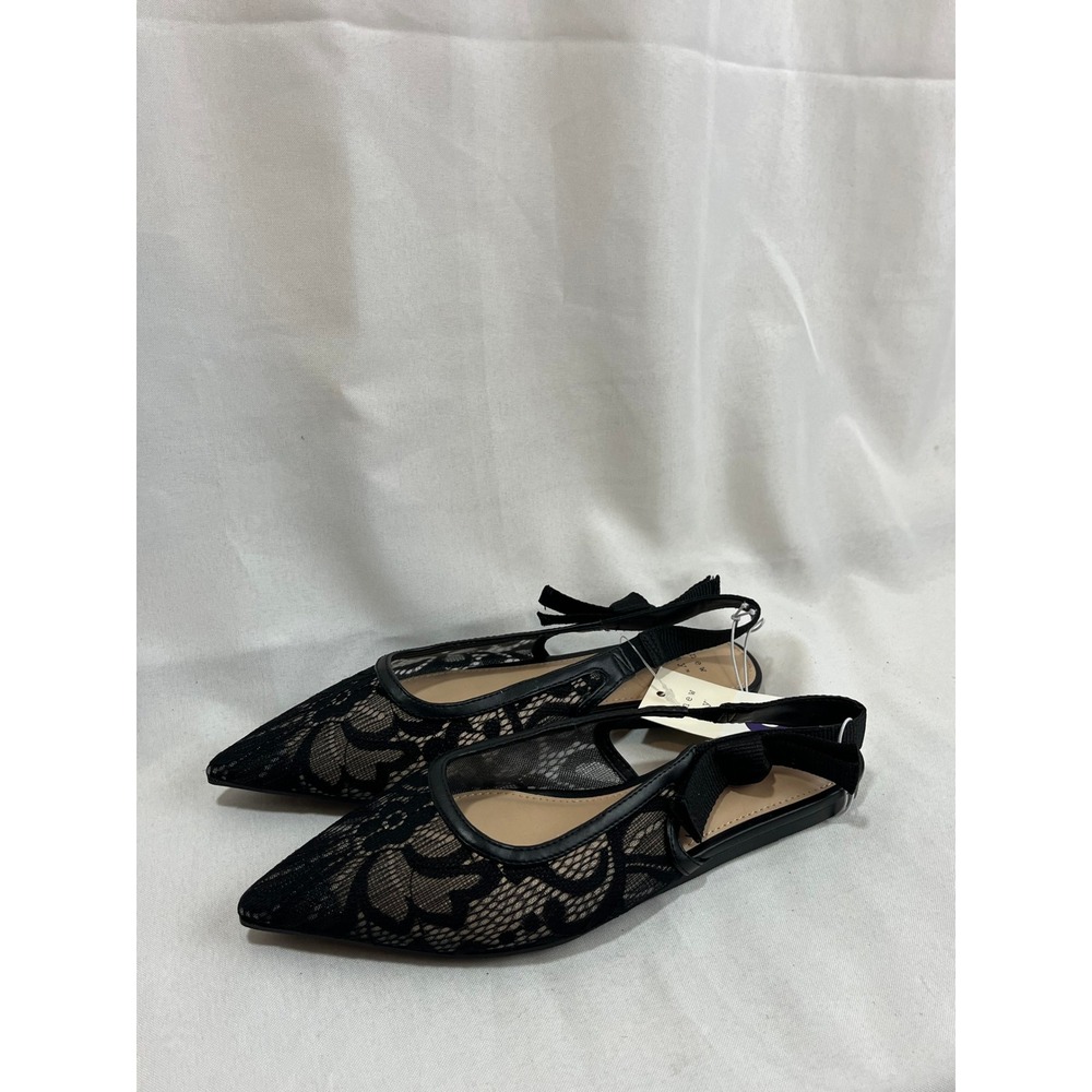 A New Day Black Floral Lace Slingback Flats Pointed Toe Bow Detail Size 6 NEW